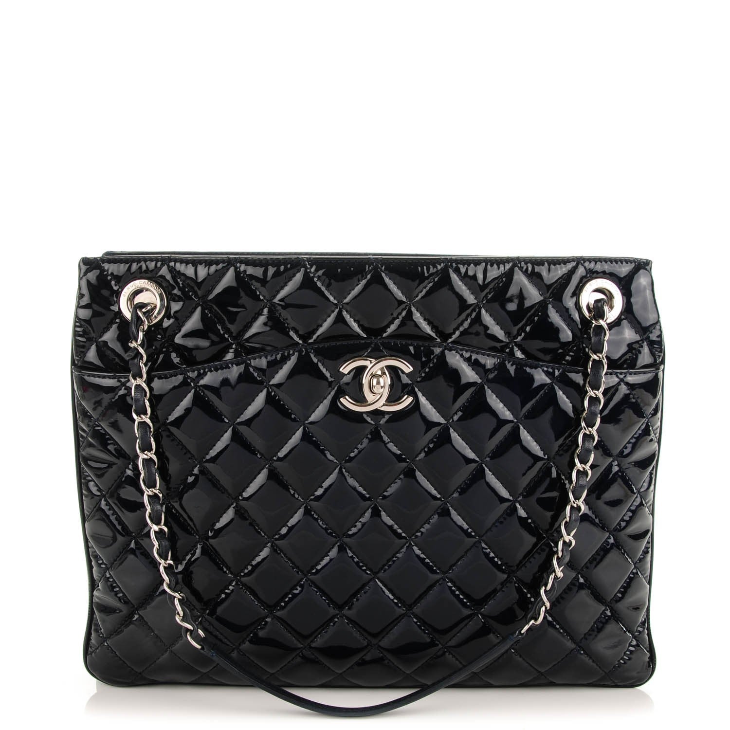 Chanel Patent Quilted Accordion Shopping Tote Navy 1 of 7