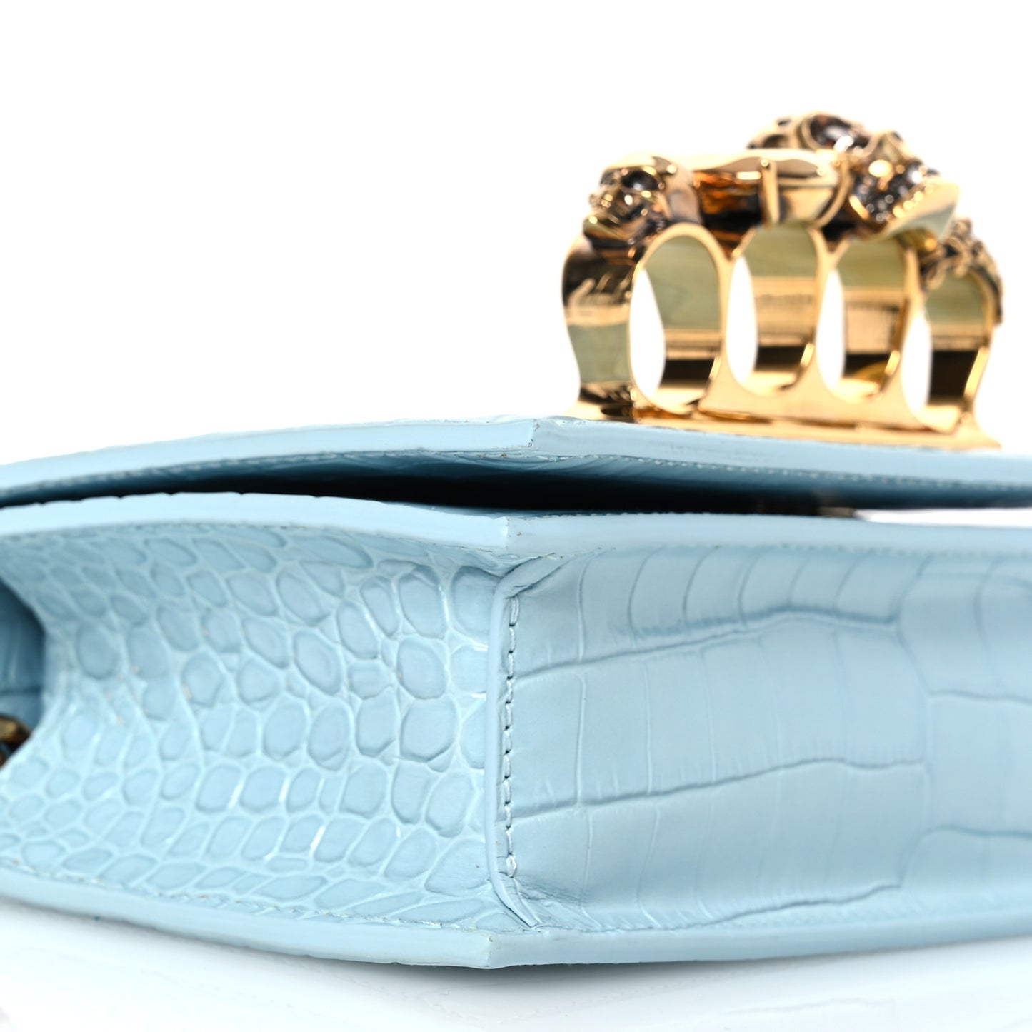 Calfskin Crocodile Embossed Knuckle Shoulder Bag Pale Blue