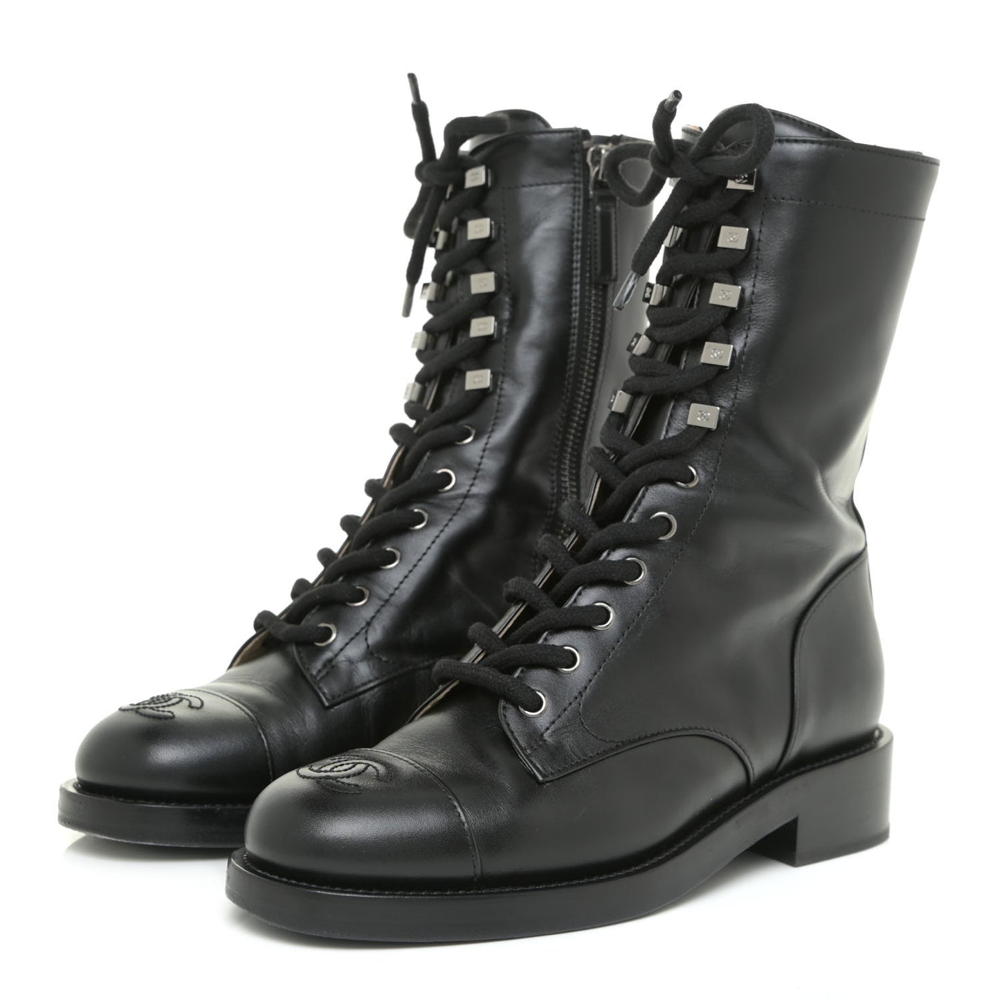 Calfskin Lace Up Combat Boots 37 Black