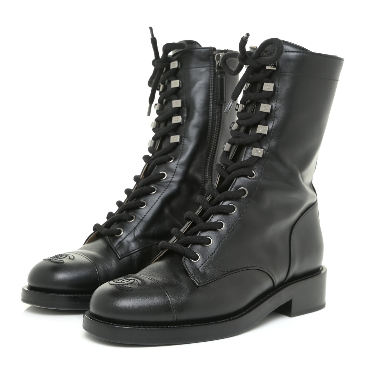 Chanel Calfskin Lace Up Combat Boots 37 Black 3 of 13