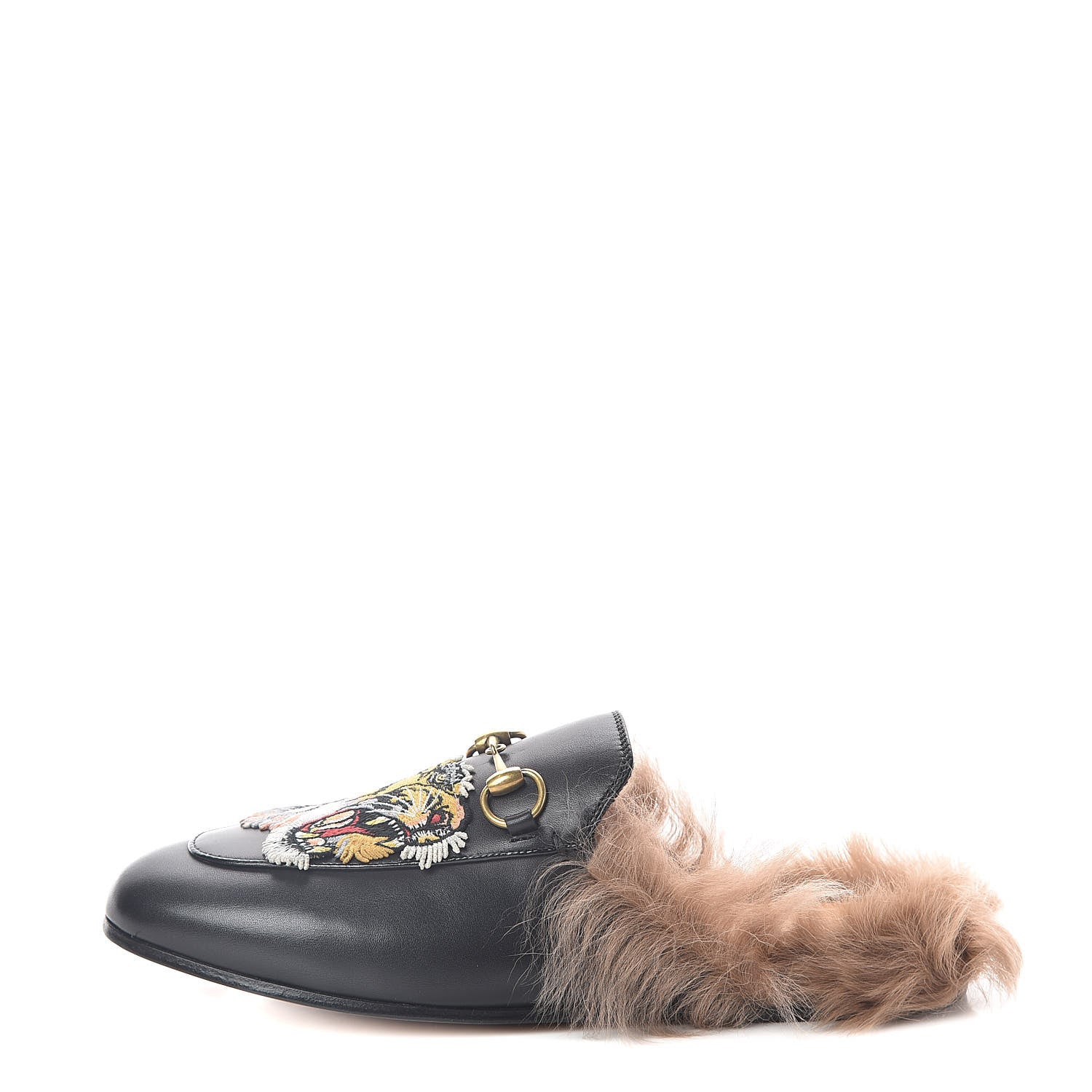 Gucci Calfskin Lambswool Tiger Embroidered Womens Princetown Slippers 36.5 Black 1 of 8