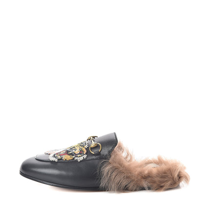 Gucci Calfskin Lambswool Tiger Embroidered Womens Princetown Slippers 36.5 Black 1 of 8