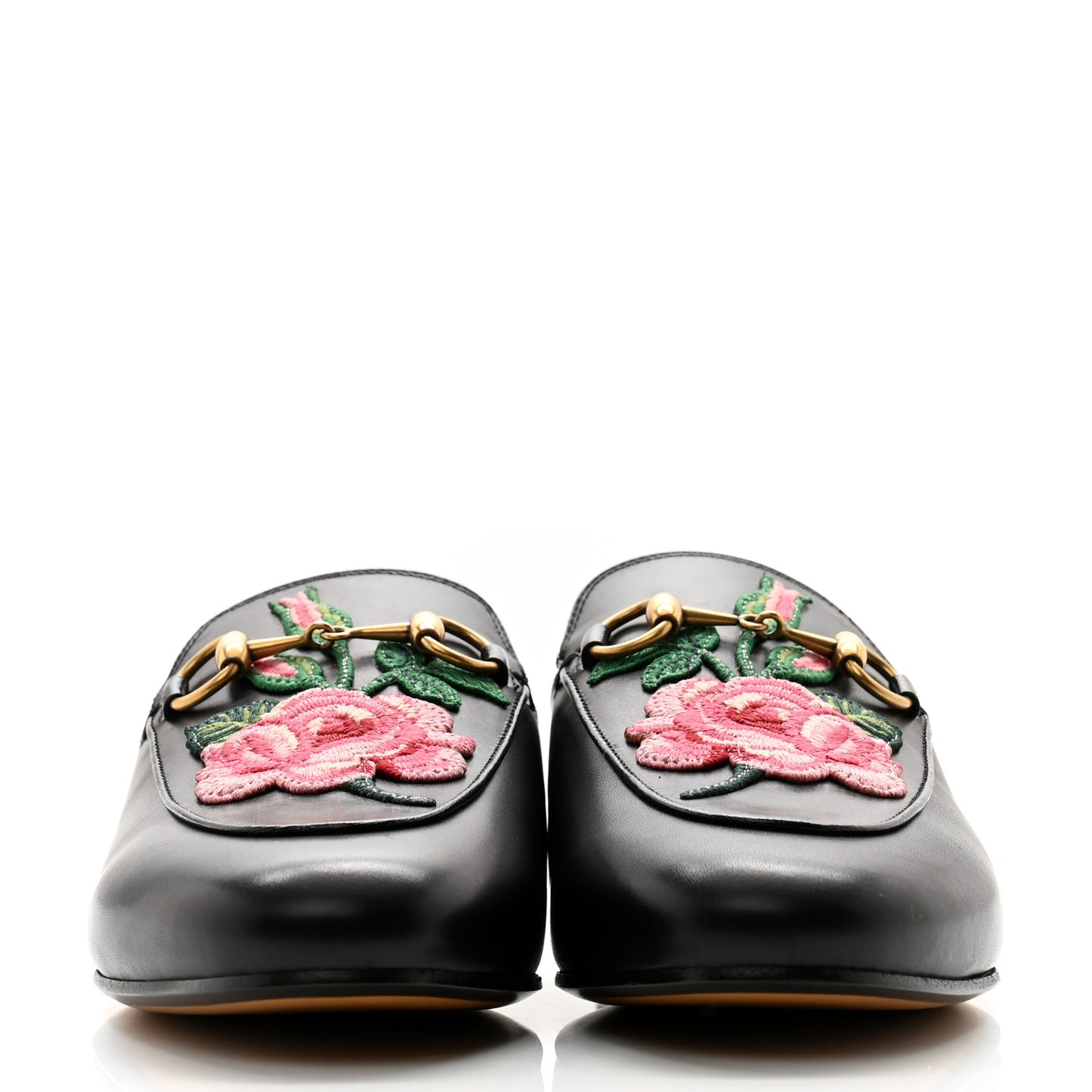 Calfskin Flower Embroidered Princetown Slippers 35.5 Black