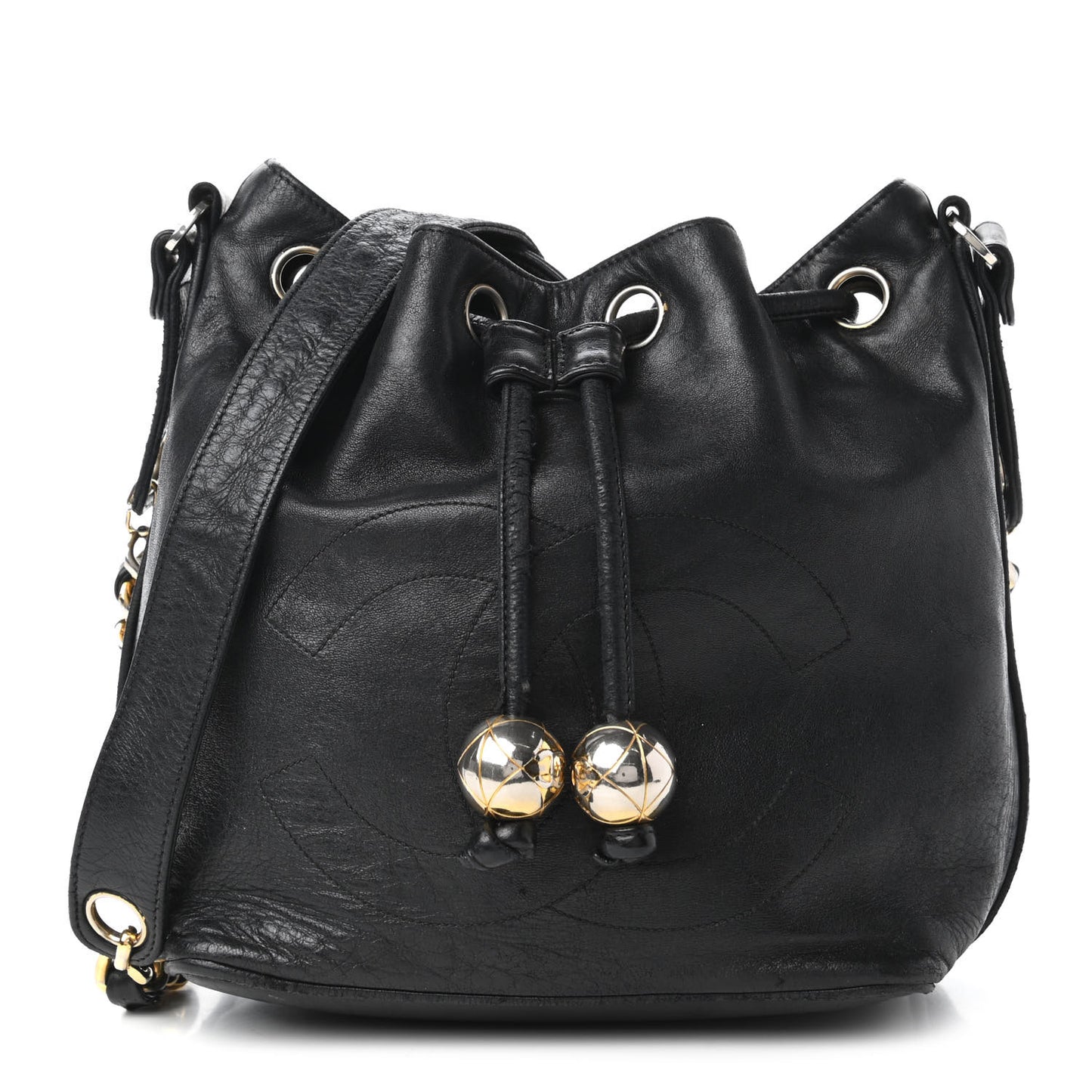 Lambskin Drawstring CC Shoulder Bag Black