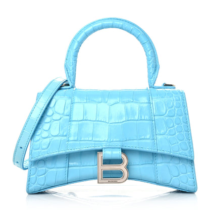 Balenciaga Shiny Calfskin Crocodile Embossed Hourglass Top Handle Bag XS Azur 1 of 11