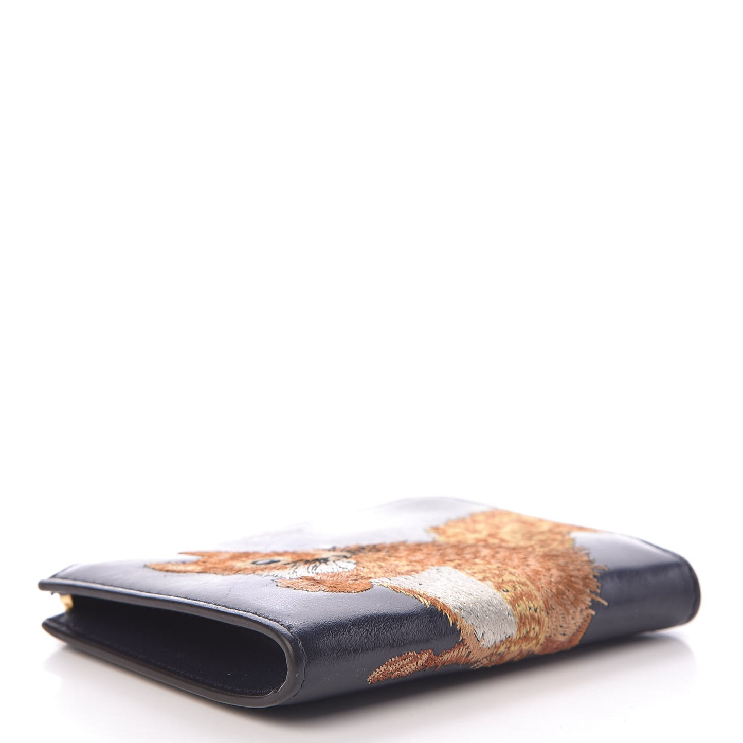 Smooth Calfskin Squirrel Embroidered Part Zip Coin Pouch Navy