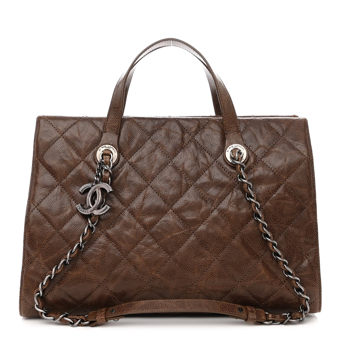 Crumpled Grained Calfskin Quilted CC Crave Tote Brown