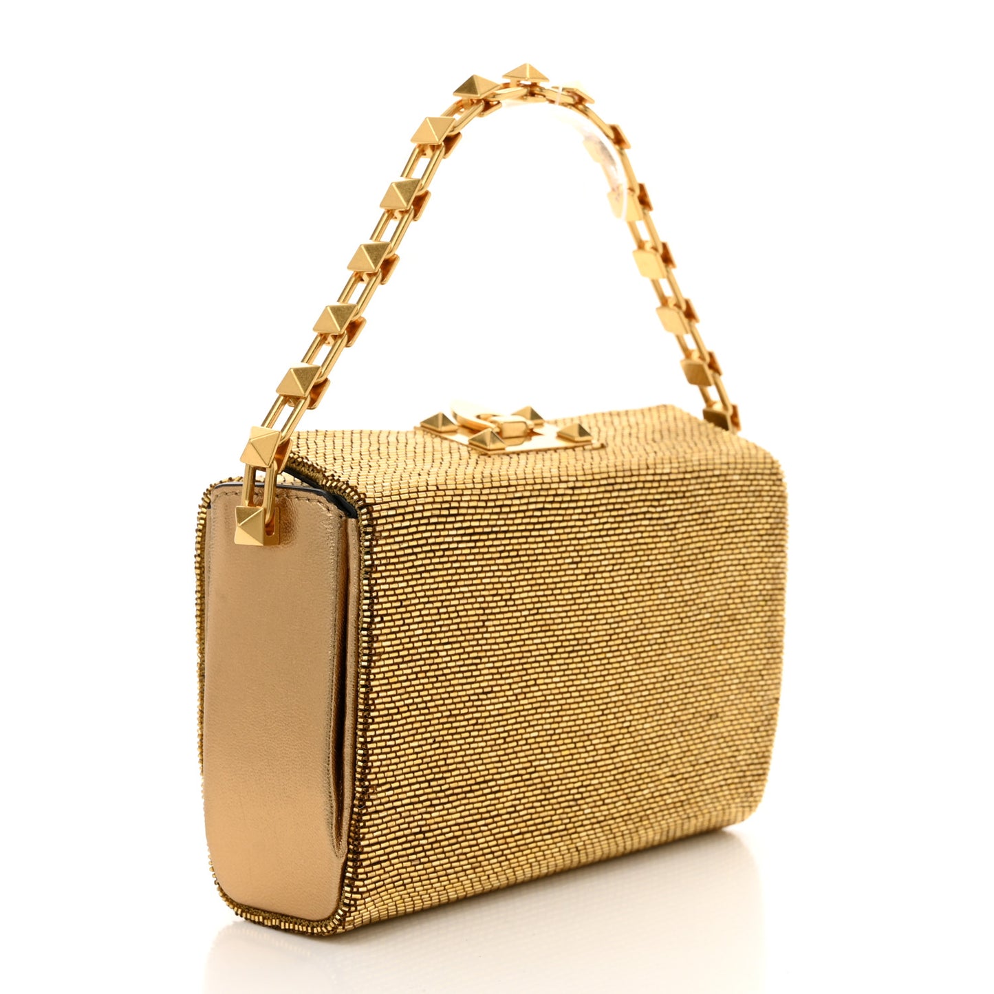 Metallic Calfskin Beaded Rockstud Evening Clutch Antique Bronze