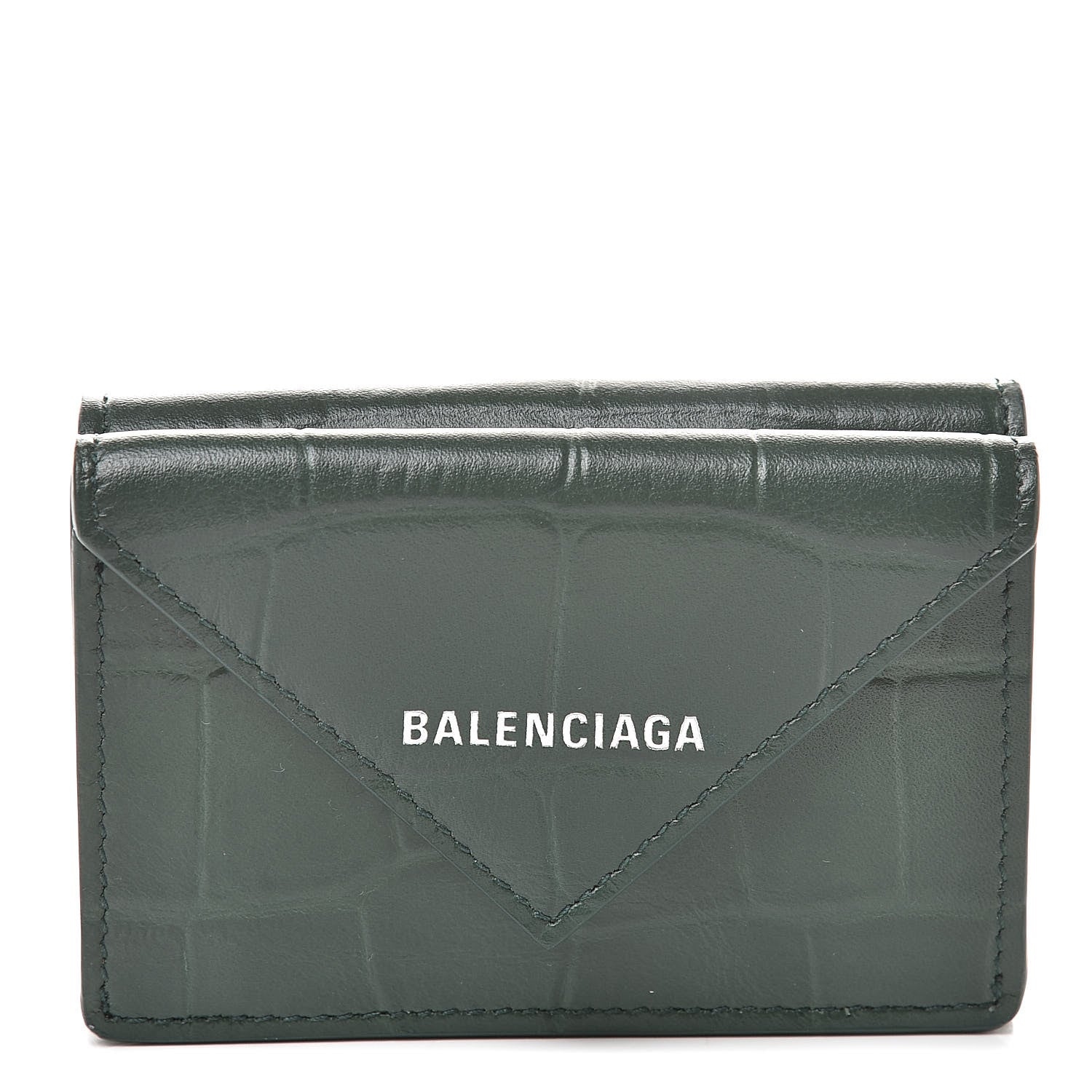 Balenciaga Calfskin Crocodile Embossed Mini Papier Wallet Dark Green 1 of 8