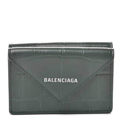 Balenciaga Calfskin Crocodile Embossed Mini Papier Wallet Dark Green 1 of 8