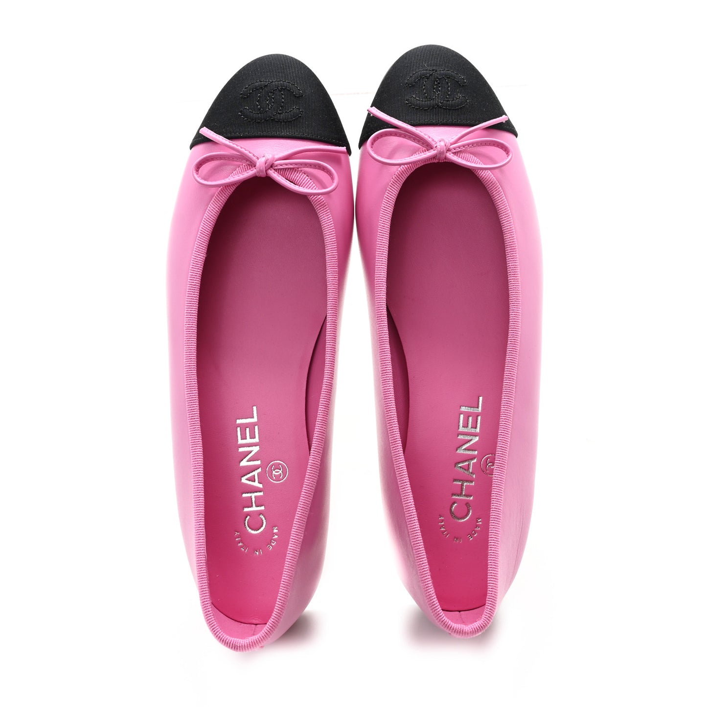 Calfskin Grosgrain Cap Toe CC Ballerina Flats 38 Pink Black