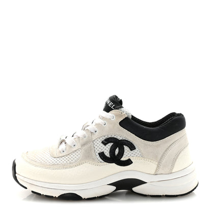 Chanel Mesh Suede Calfskin Grained Calfskin Womens CC Sneakers 36 White Black 1 of 9
