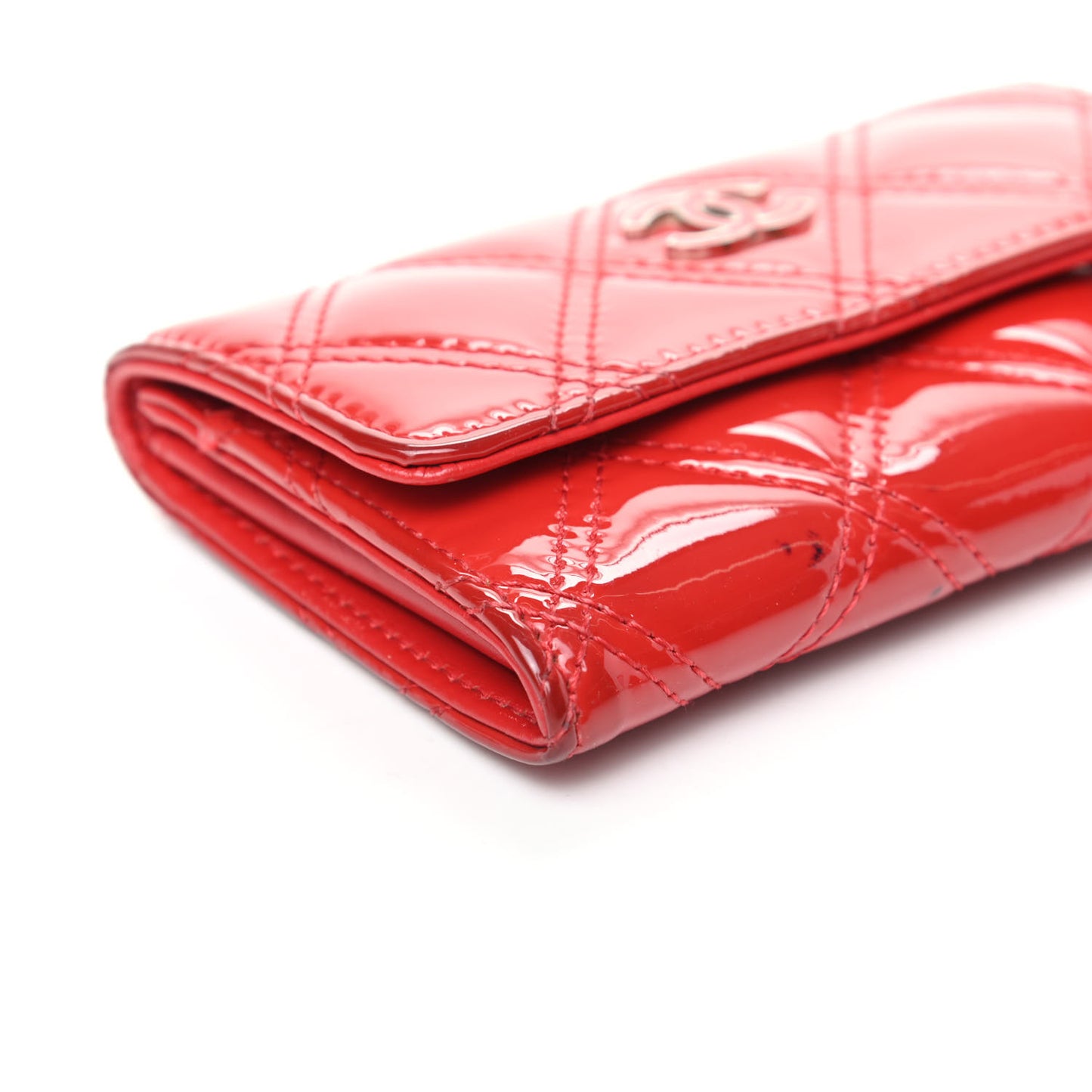 Patent Quilted Double Stitched Flap Card Holder Red