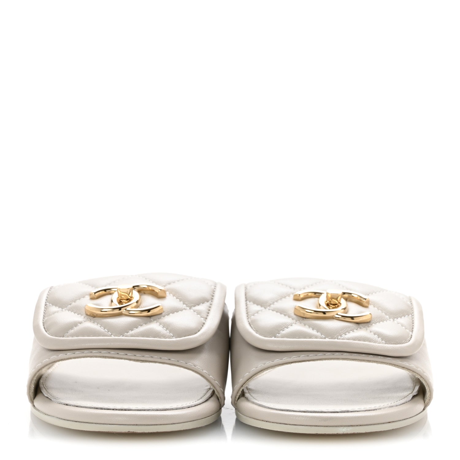Chanel Lambskin Quilted Turnlock Flat Mules 35.5 Light Grey 3 of 12