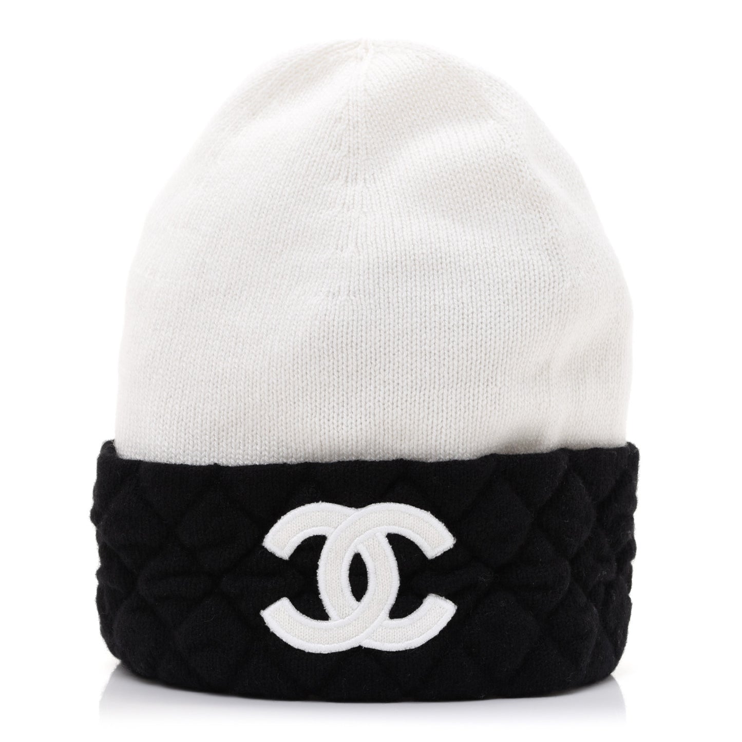 Cashmere Quilted CC Beanie Hat White Black