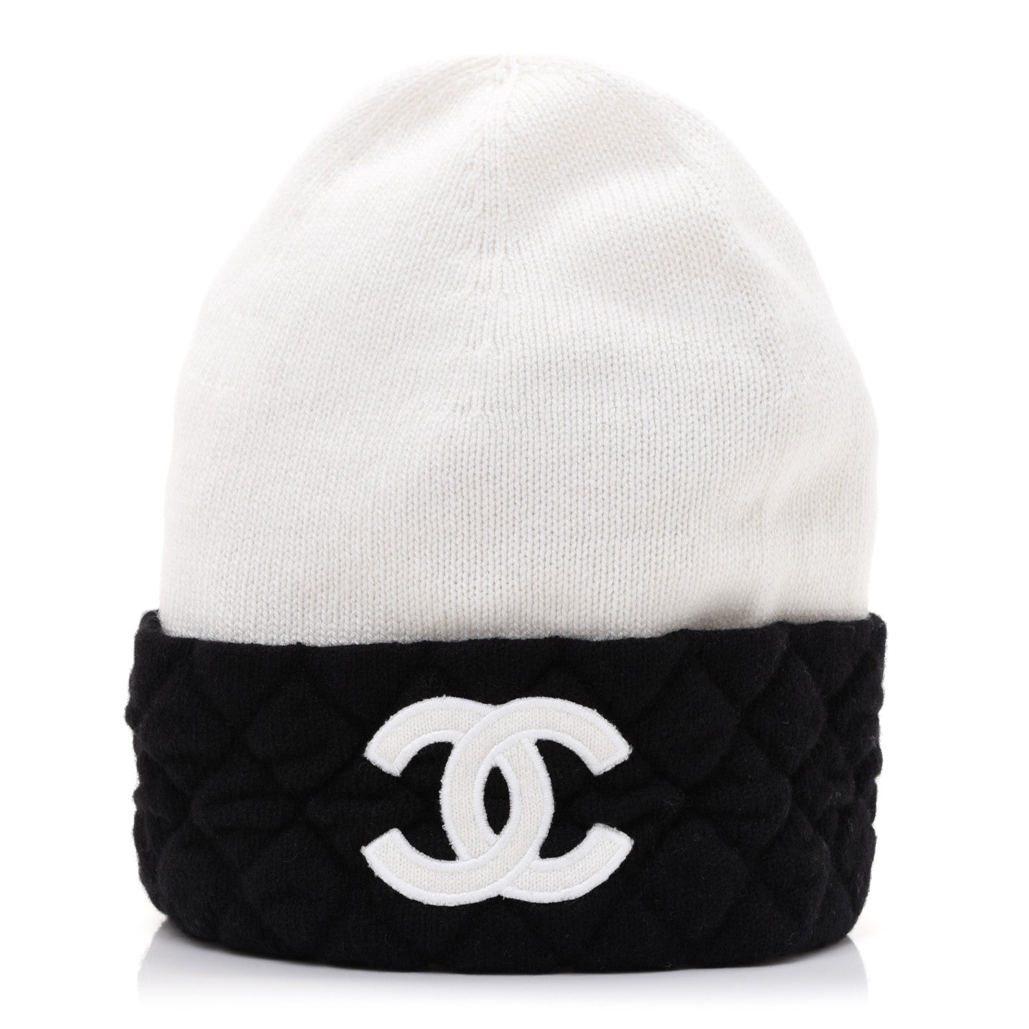 Chanel Cashmere Quilted CC Beanie Hat White Black 1 of 7