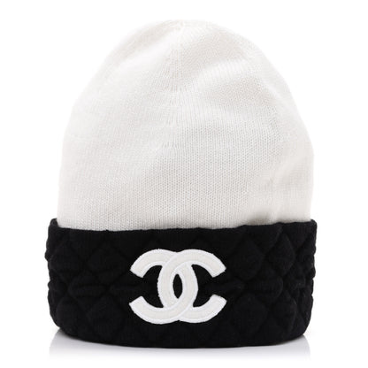 Chanel Cashmere Quilted CC Beanie Hat White Black 1 of 7