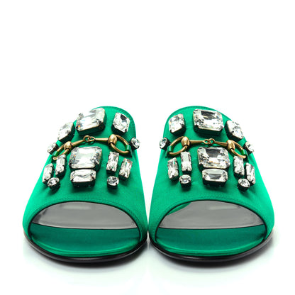 Gucci Satin Malaga Kid Horsebit Slide Sandals 39.5 Shamarock Emerald 2 of 11
