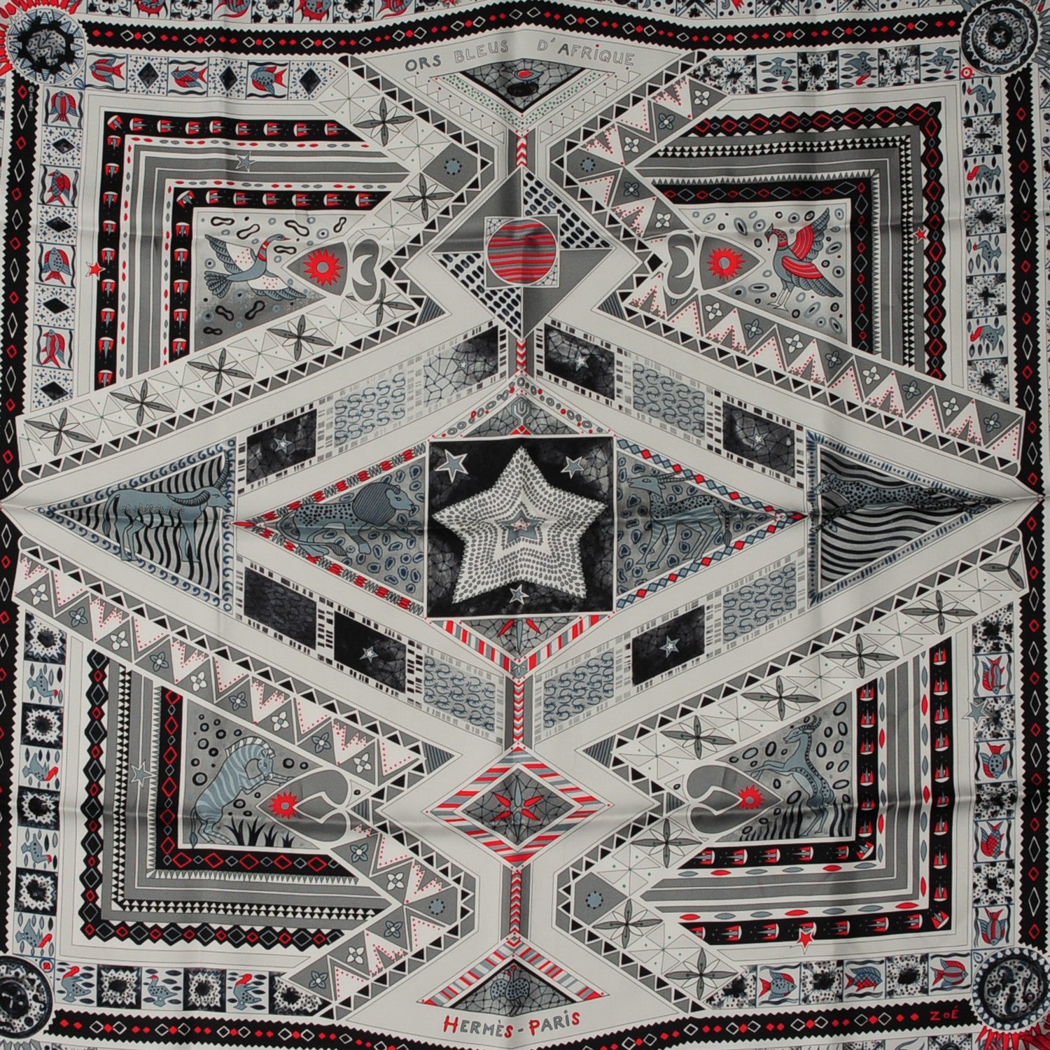 Hermes Silk Ors Blues d'Afrique Scarf 90 Noir Gris Rouge 1 of 8