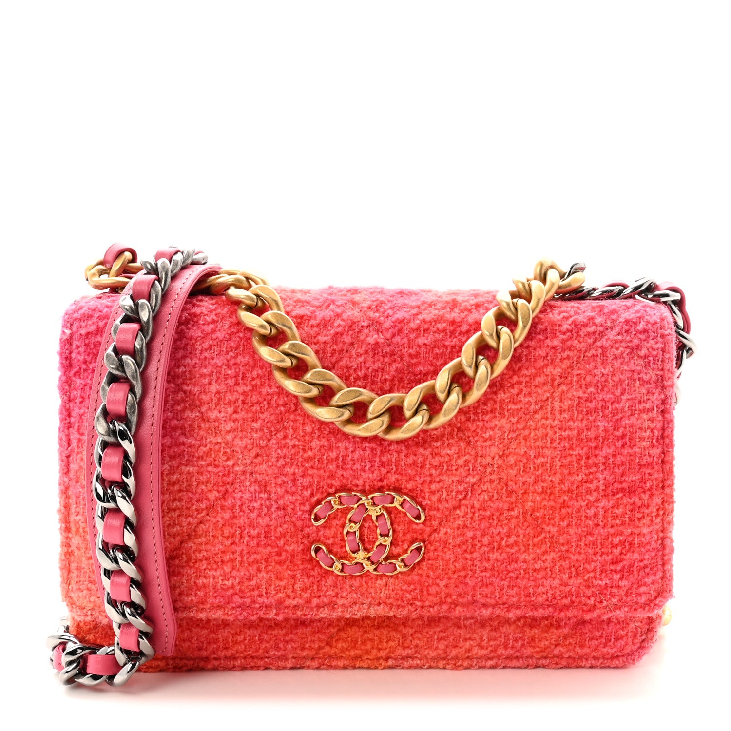 Chanel Wool Tweed Lambskin Quilted Chanel 19 Wallet On Chain WOC Coral Pink 1 of 11
