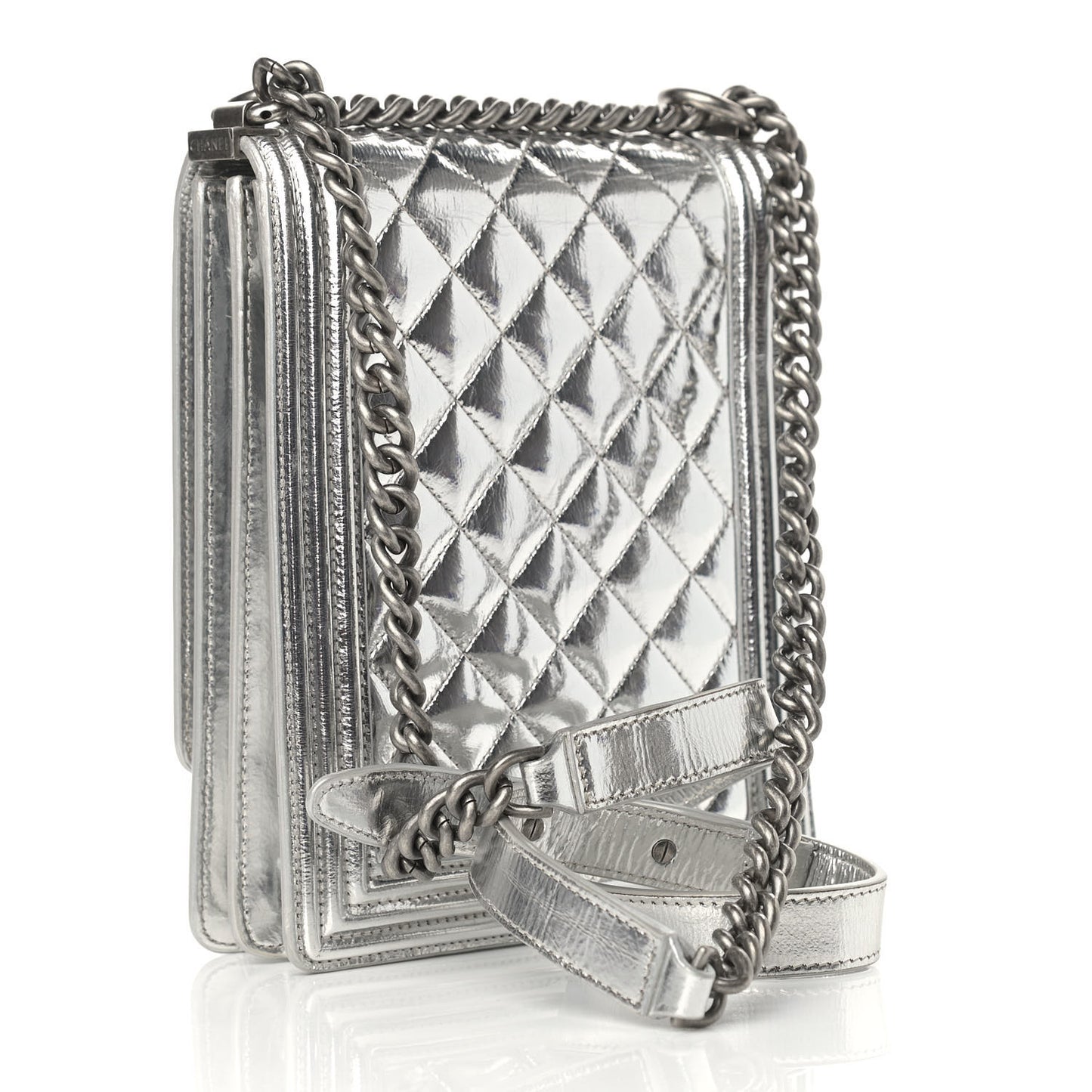 Metallic Goatskin Quilted North South Boy Flap Silver
