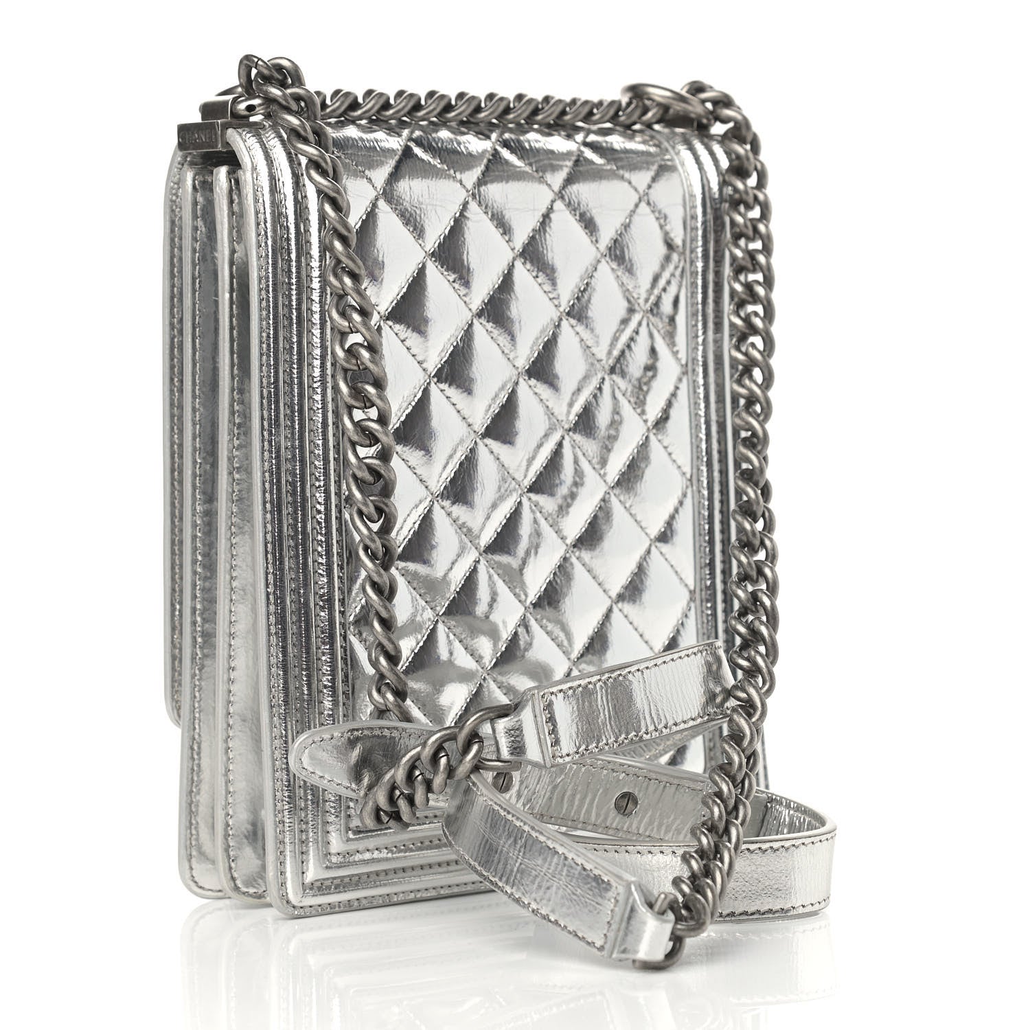 Chanel Metallic Goatskin Quilted North South Boy Flap Silver 3 of 12