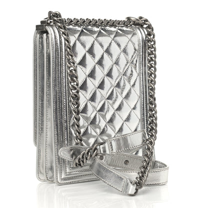 Chanel Metallic Goatskin Quilted North South Boy Flap Silver 3 of 12