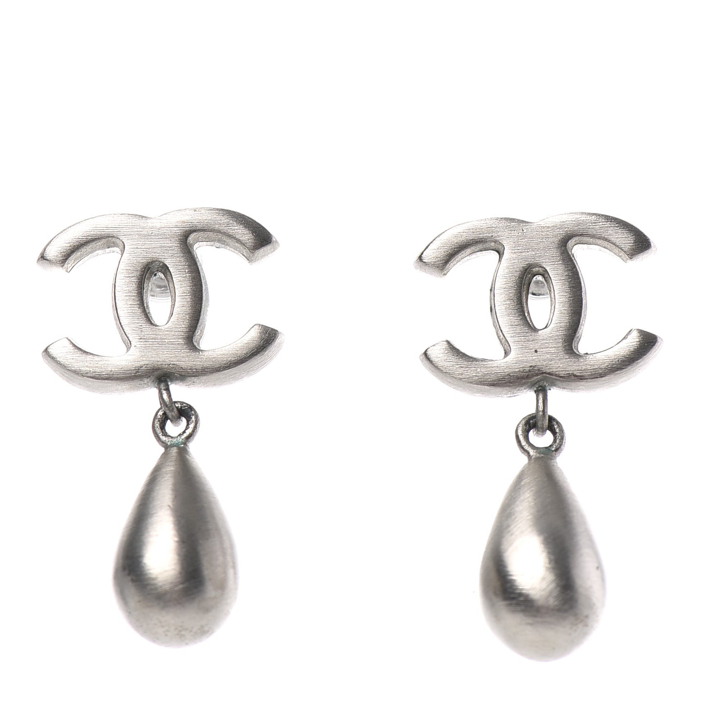 Brushed Metal CC Drop Earrings Silver