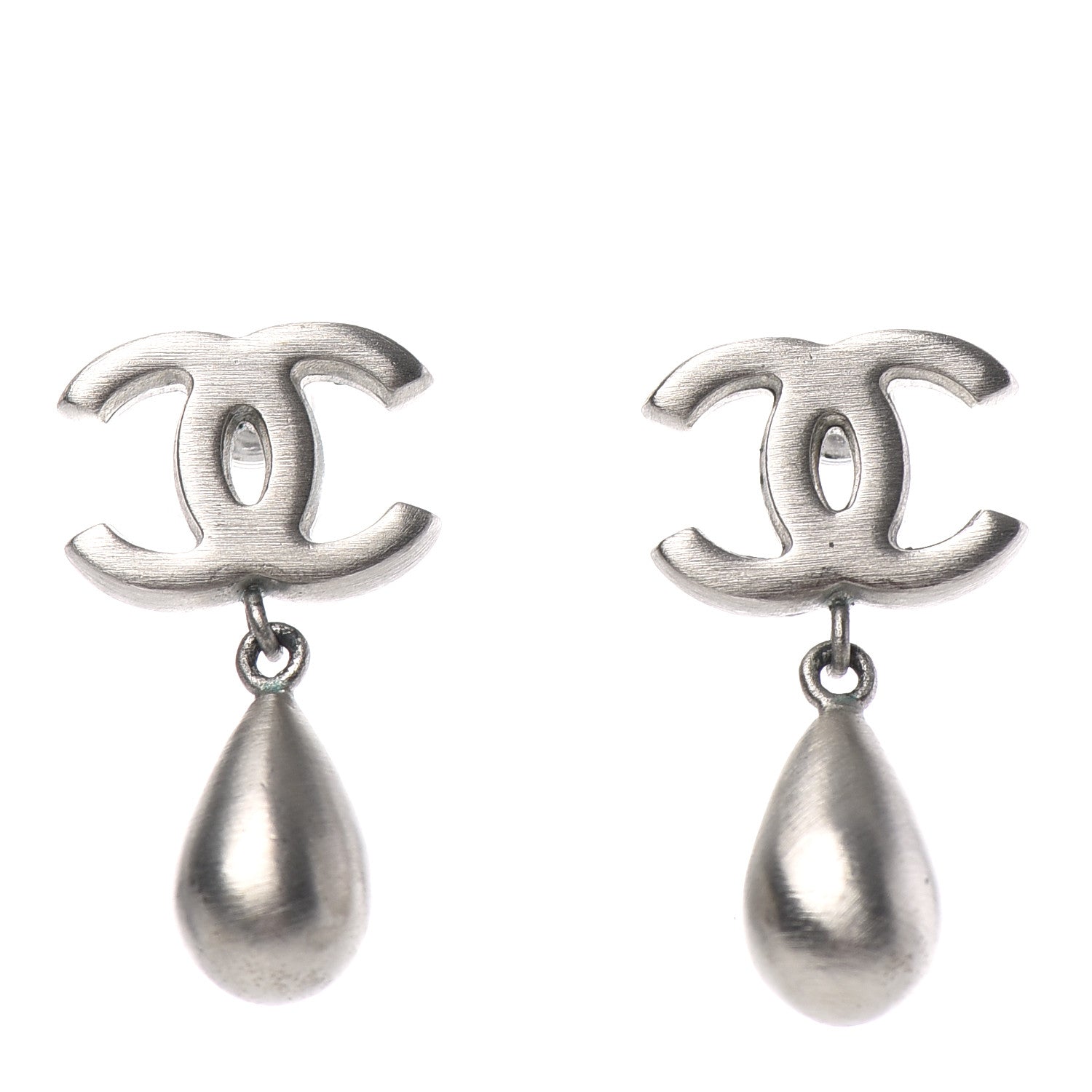 Chanel Brushed Metal CC Drop Earrings Silver 1 of 3