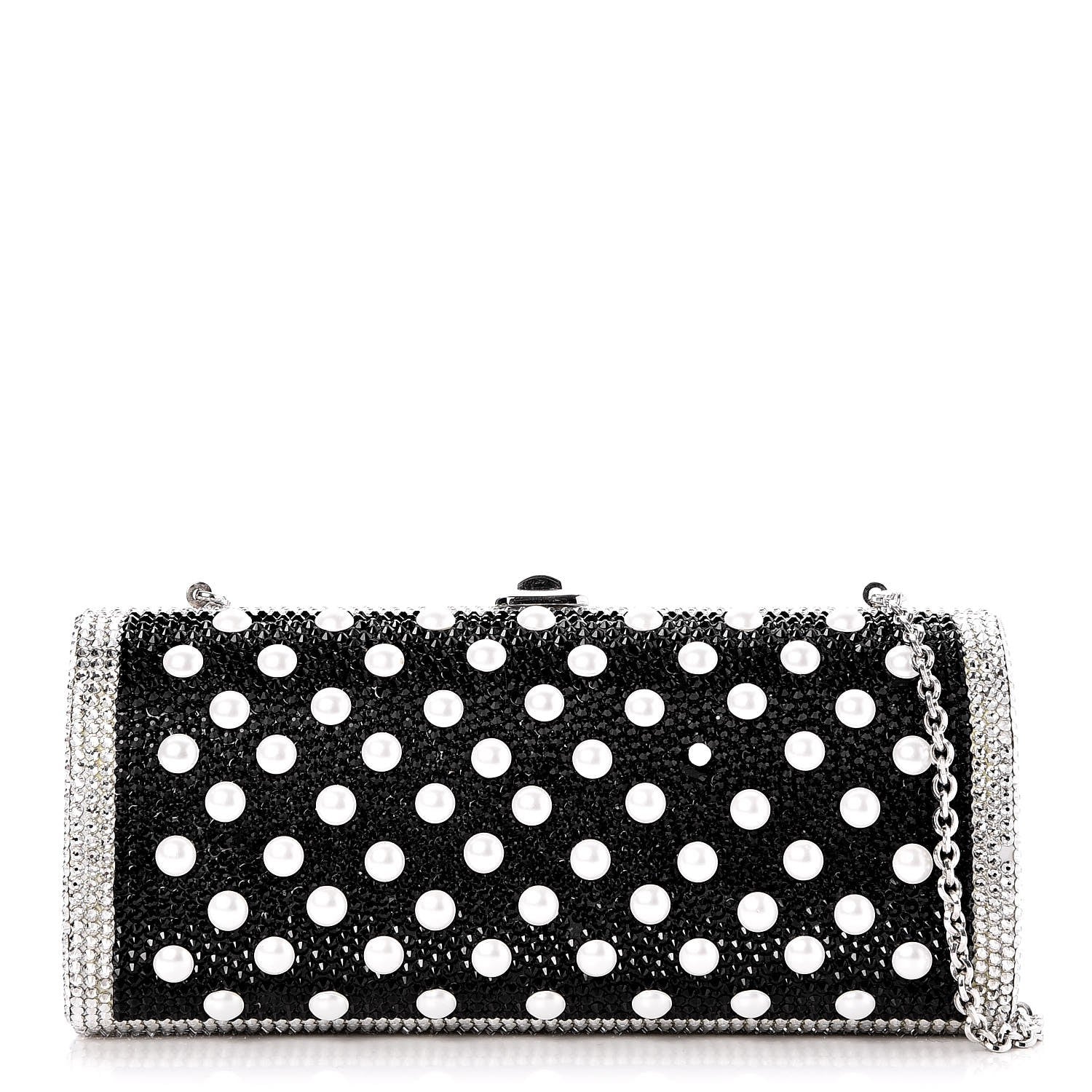 Judith Leiber Crystal Pearl Minaudiere Clutch Silver Black 1 of 7