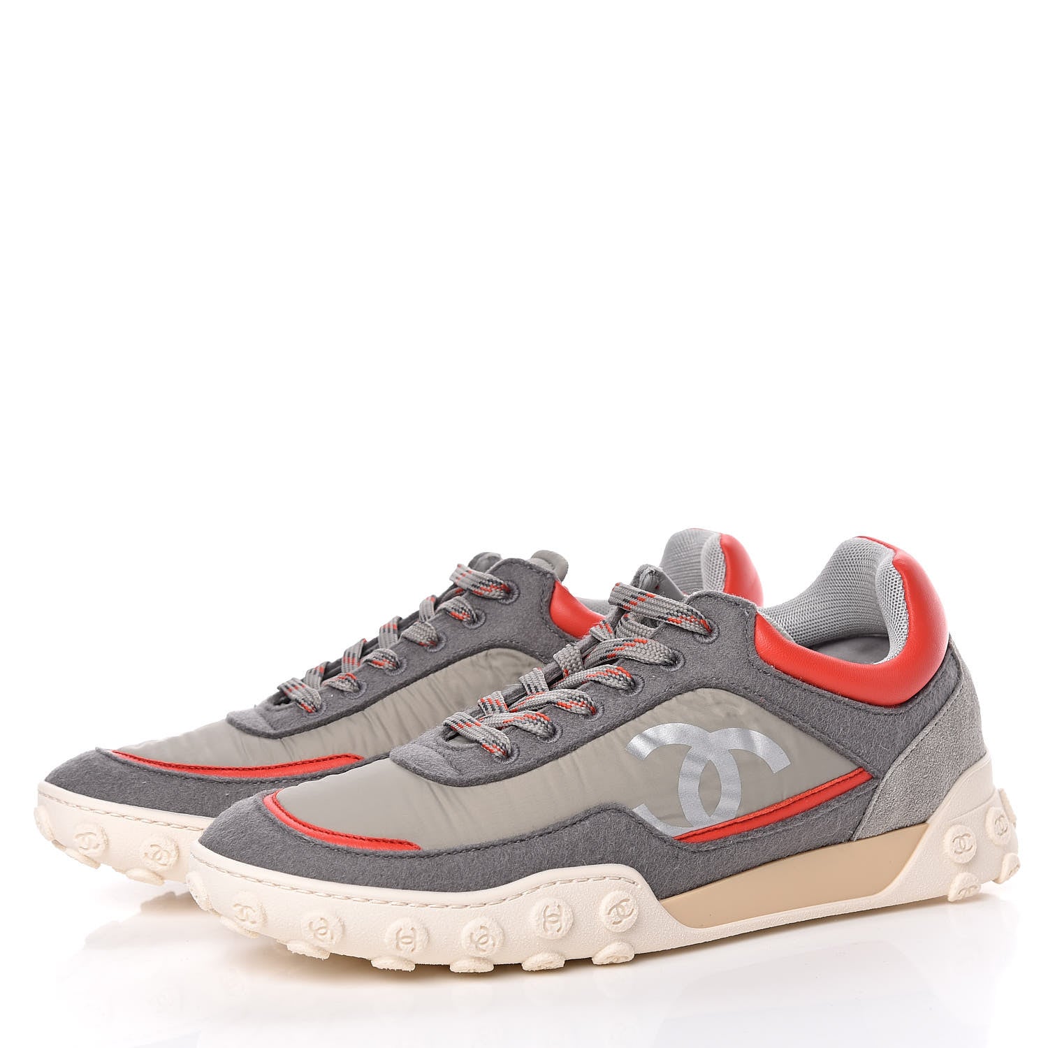 Chanel Nylon Calfskin Suede Womens CC Sneakers 38 Grey Red 3 of 9