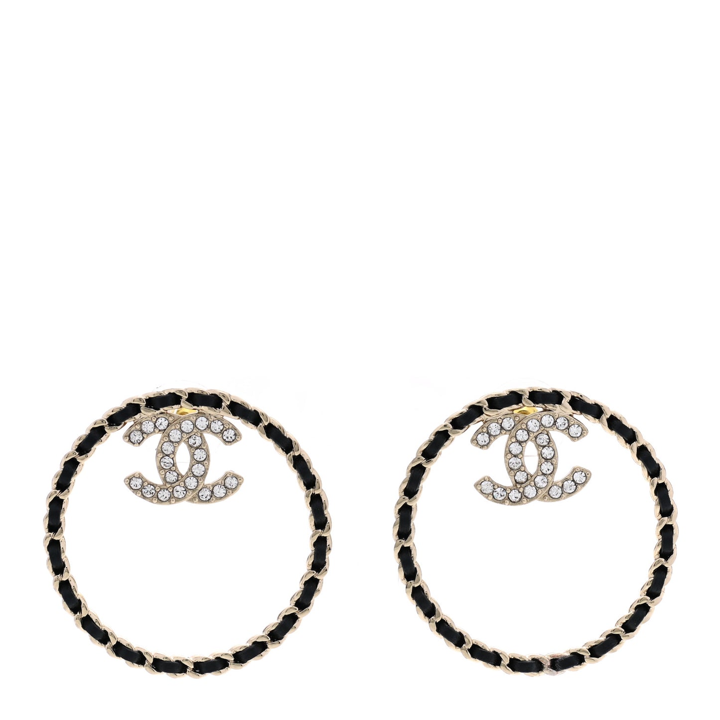 Crystal Lambskin CC Chain Hoop Earrings Gold Black