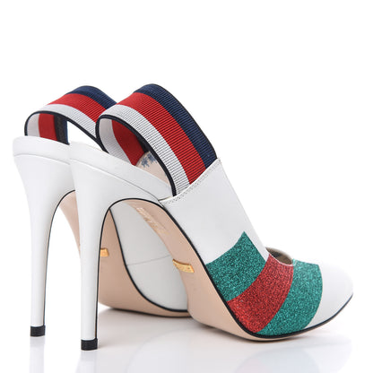 Gucci Calfskin Glitter Web High Heel Slingback Pumps 37 White 4 of 8