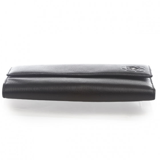 Leather Camellia Flap Wallet Black