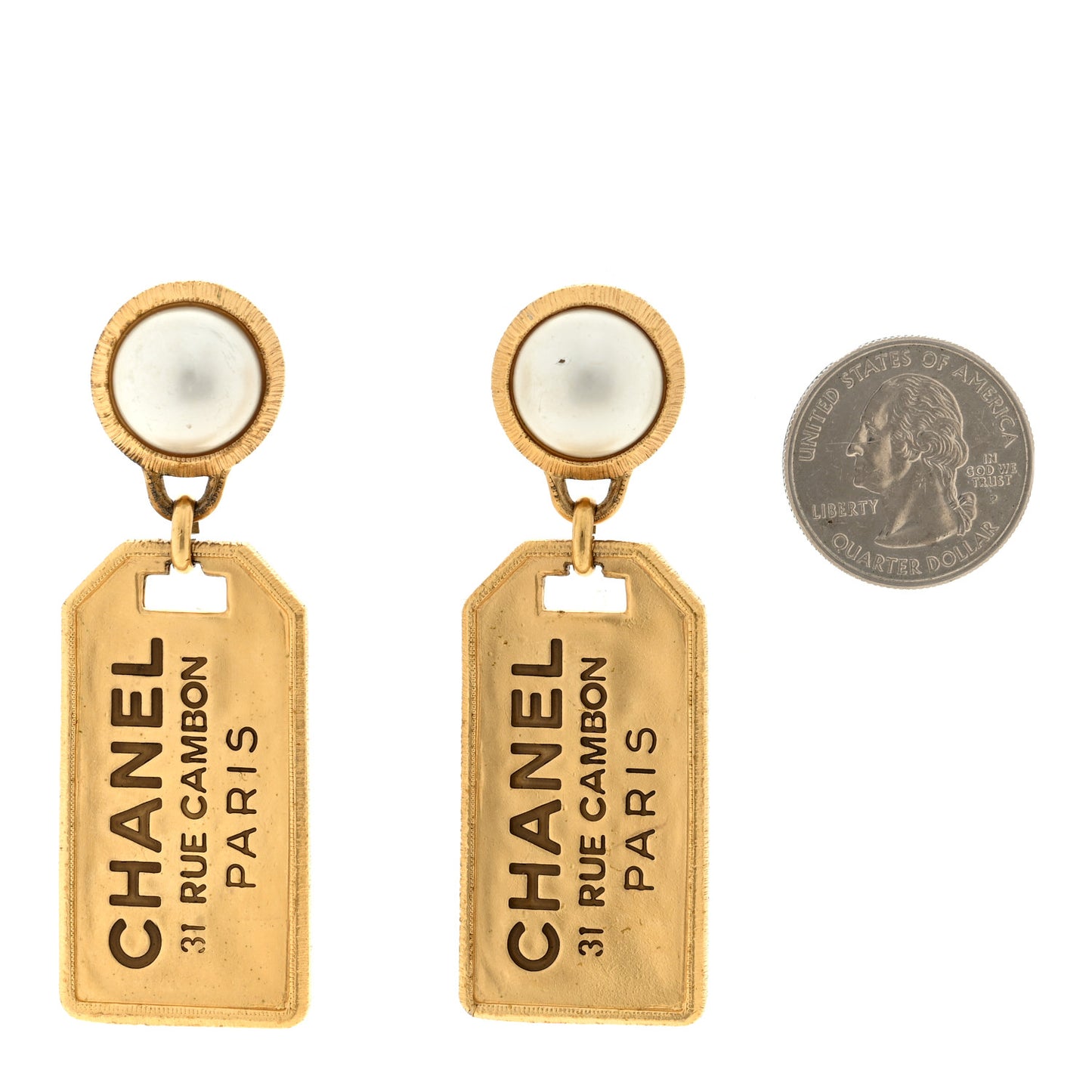 Pearl CC Tags Drop Earrings Gold