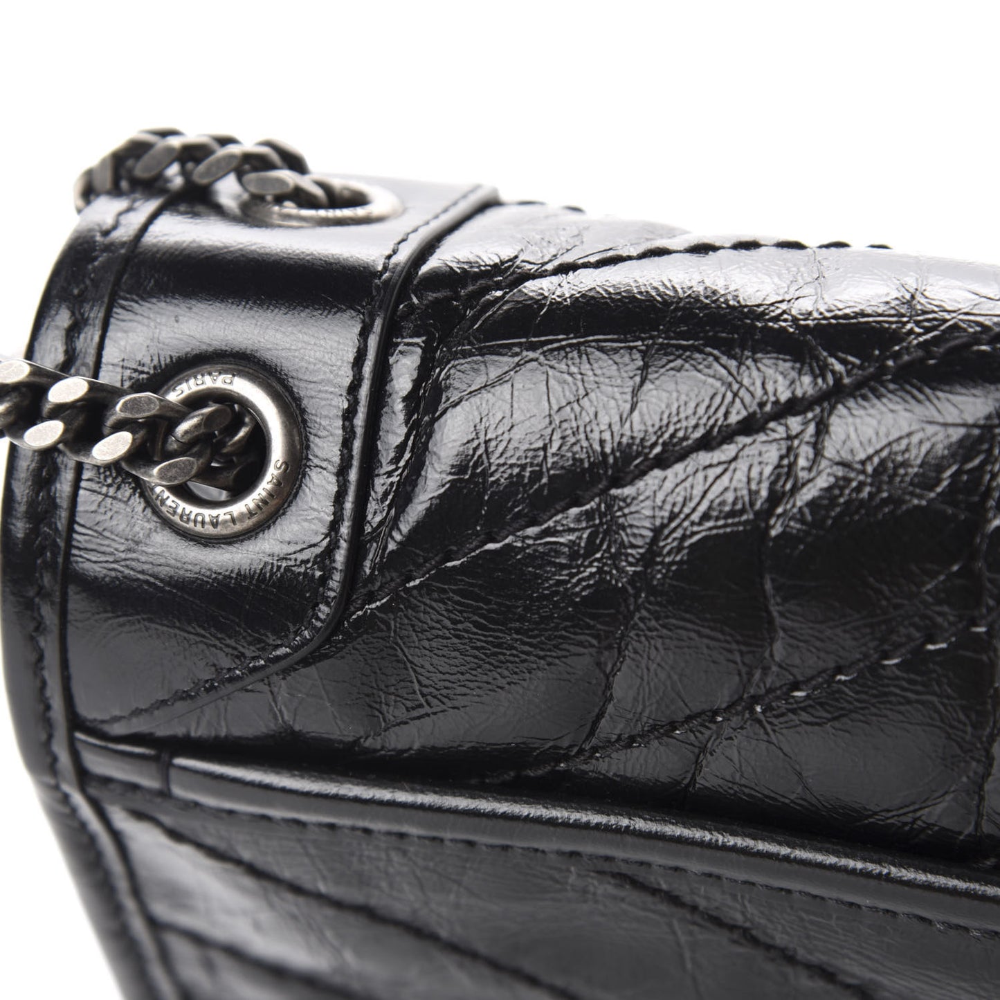 Crinkled Calfskin Matelasse Monogram Baby Niki Chain Satchel Black