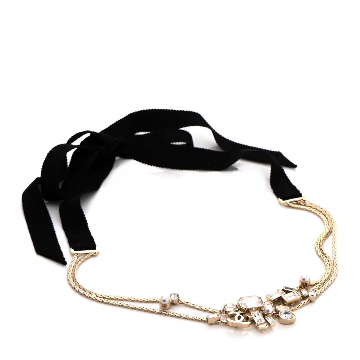 Metal Crystal Pearl Grosgrain CC Chain Tie Headband Gold Black