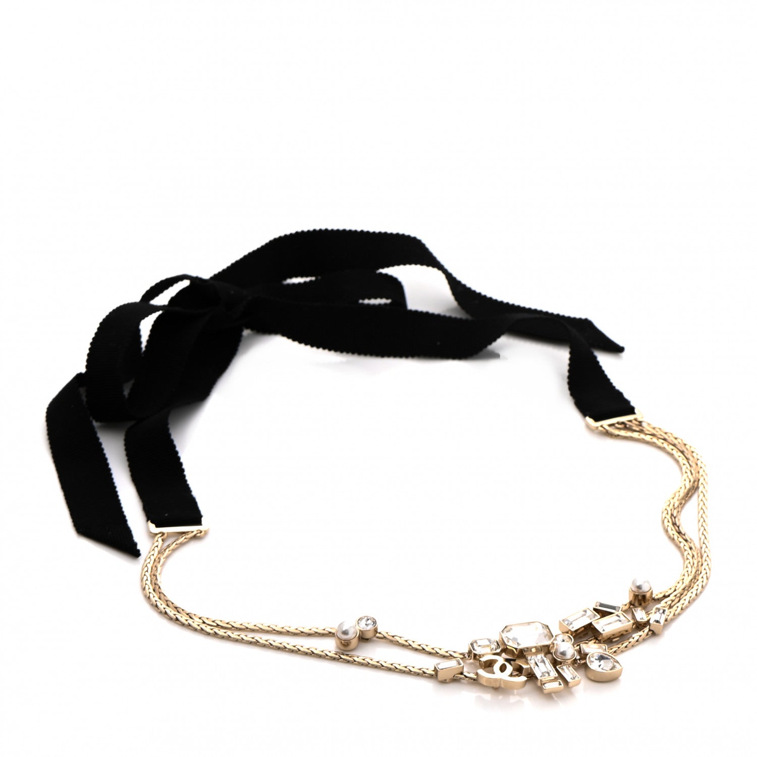 Chanel Metal Crystal Pearl Grosgrain CC Chain Tie Headband Gold Black 1 of 4