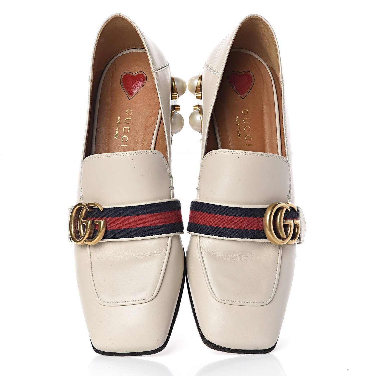 Gucci Betis Glamour Calfskin Web Pearl Embellished Peyton 35mm Loafer Pumps 36.5 Mystic White 5 of 16