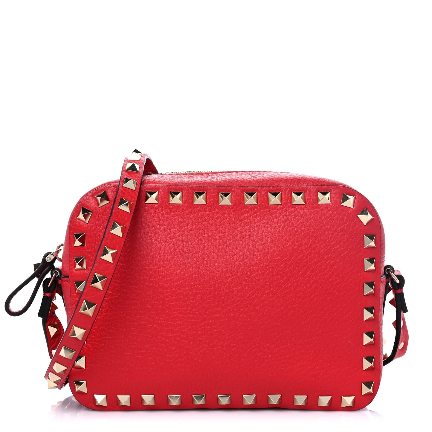 Grained Calfskin Rockstud Camera Crossbody Bag Rouge Pur