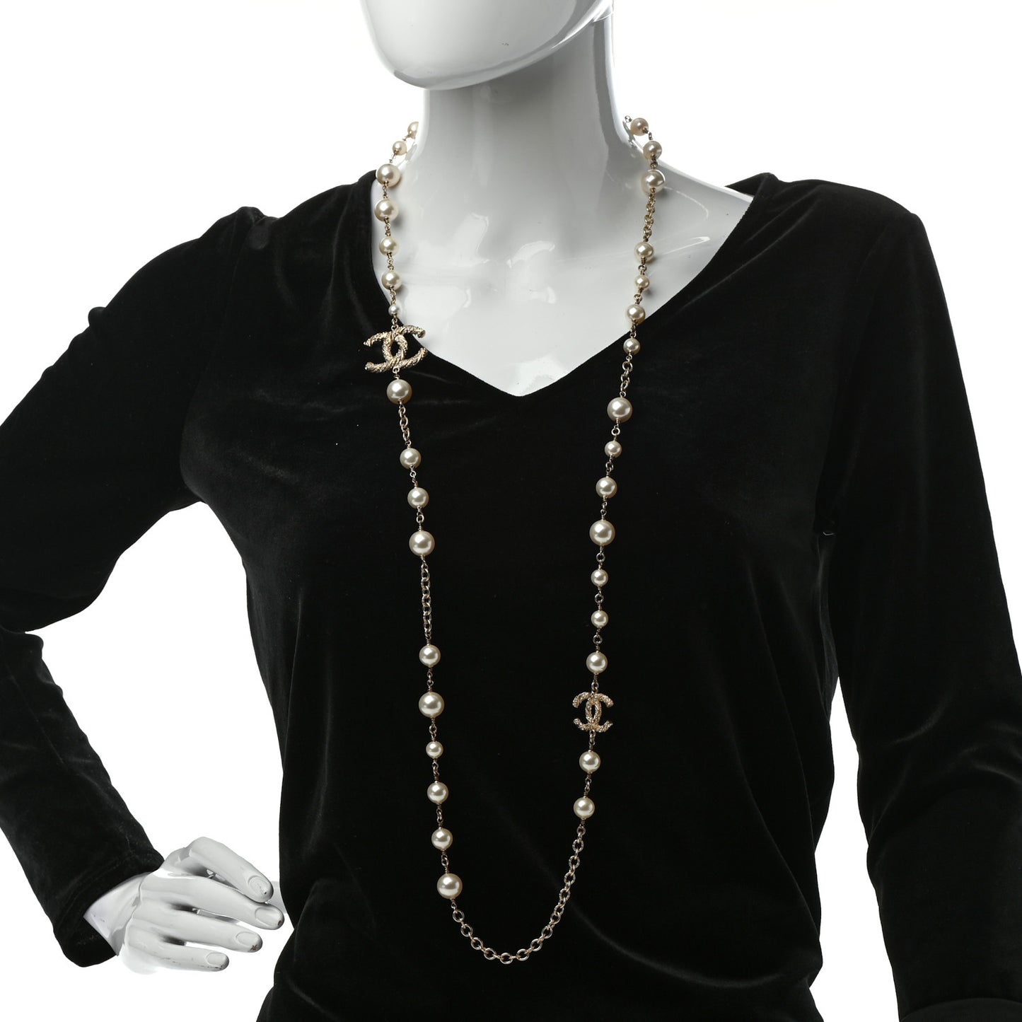 Graduated Pearl Crystal Twisted CC Long Necklace Gold