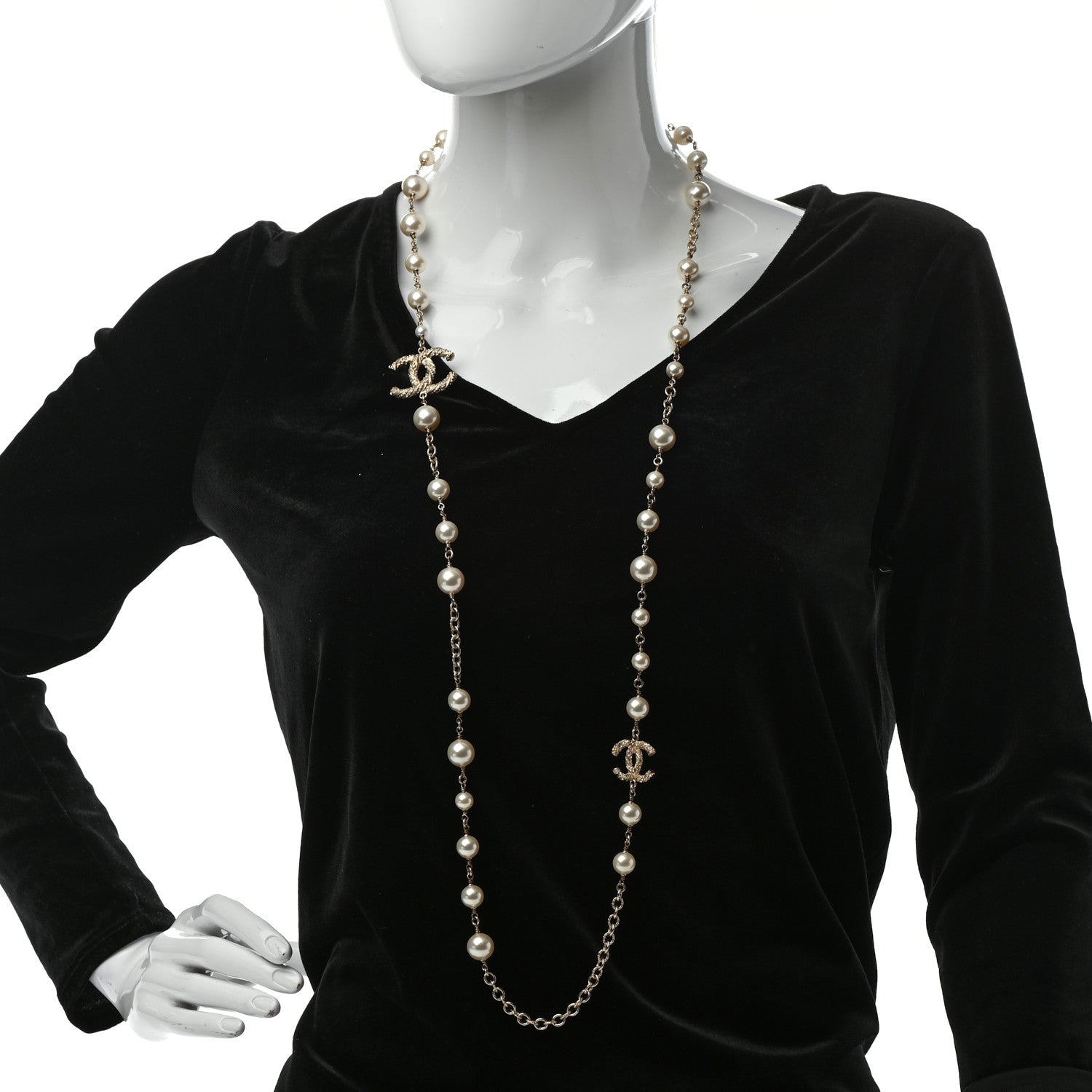 Chanel Graduated Pearl Crystal Twisted CC Long Necklace Gold 2 of 5