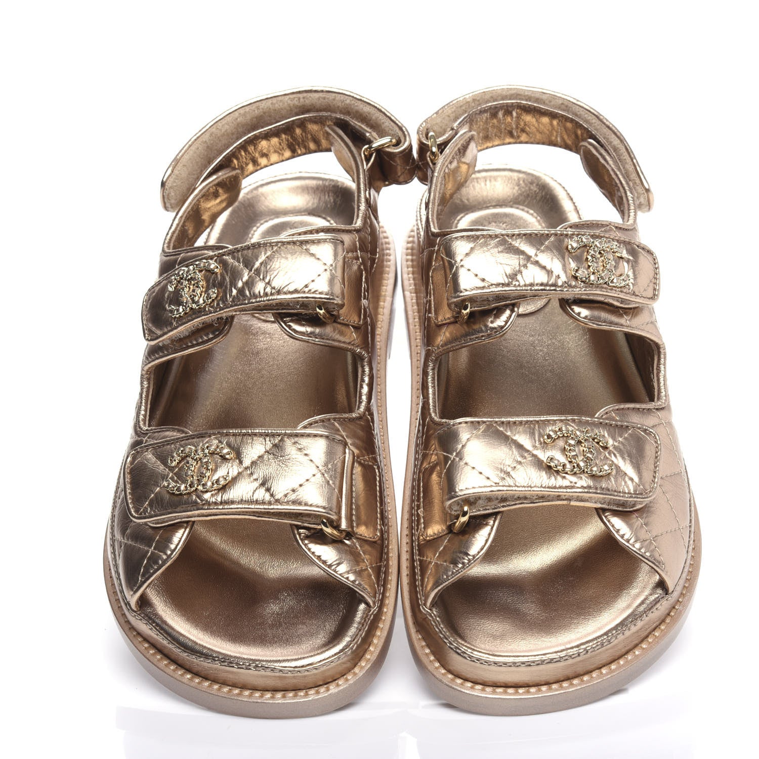 Chanel Iridescent Lambskin Quilted Velcro Dad Sandals 36 Light Bronze 5 of 11