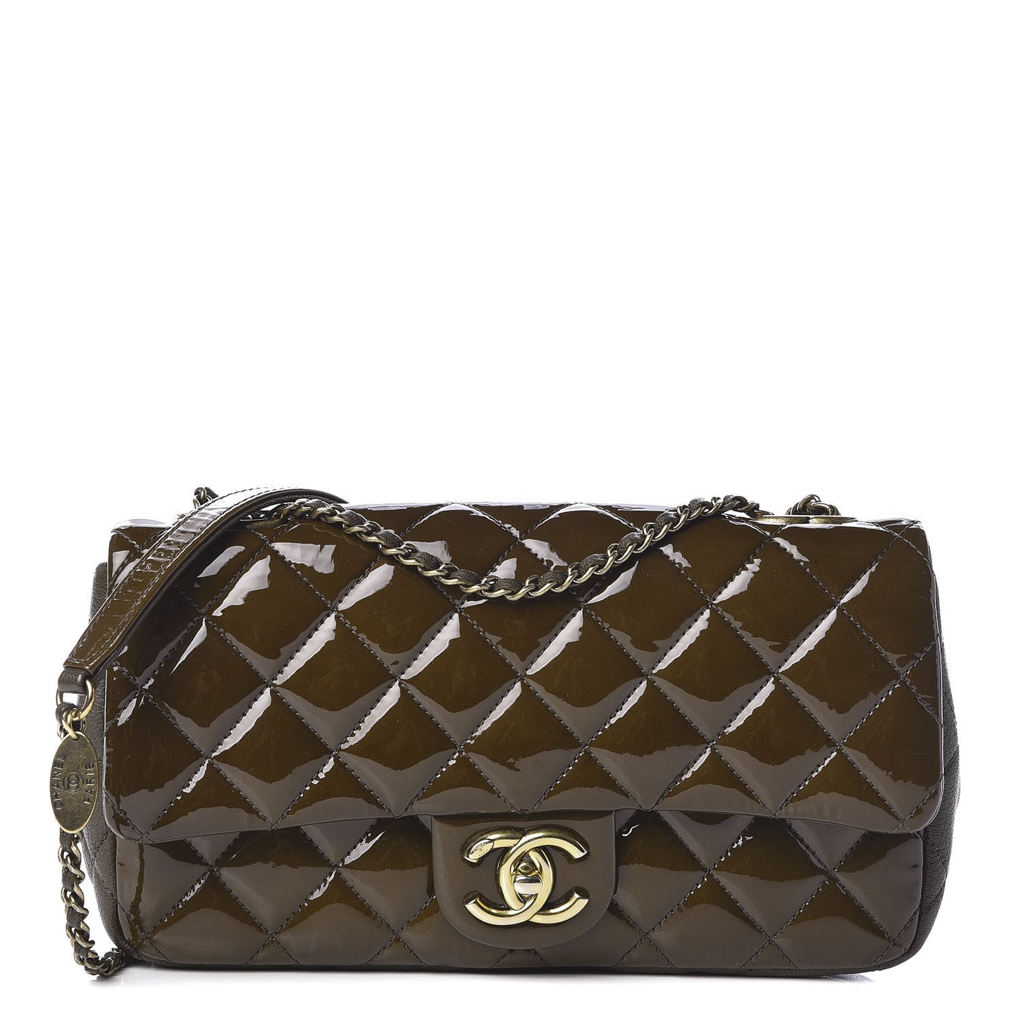 Patent Goatskin Quilted Medium CC Eyelet Flap Khaki