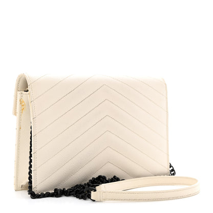 Saint Laurent Grain De Poudre Matelasse Chevron Monogram Envelope Chain Wallet Dove White 3 of 18