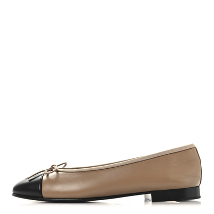 Chanel Lambskin Cap Toe CC Ballerina Flats 36.5 Dark Beige Black 1 of 9