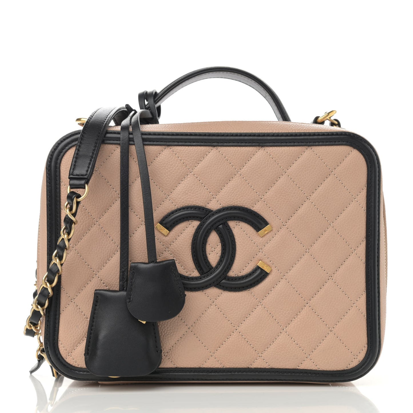 Caviar Quilted Large CC Filigree Vanity Case Beige Black
