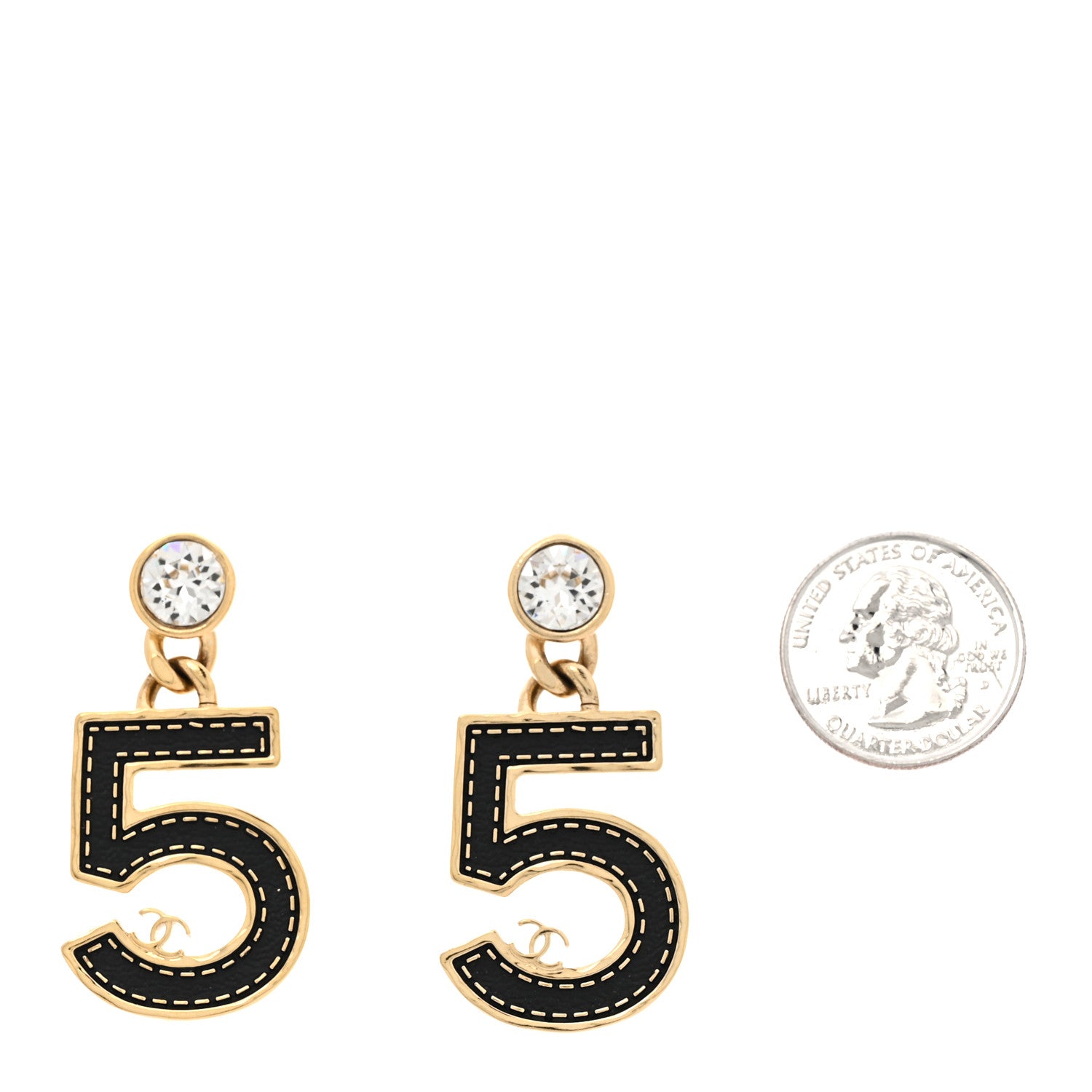 Chanel Metal CC No 5 Crystal Drop Earrings Gold Black 2 of 5