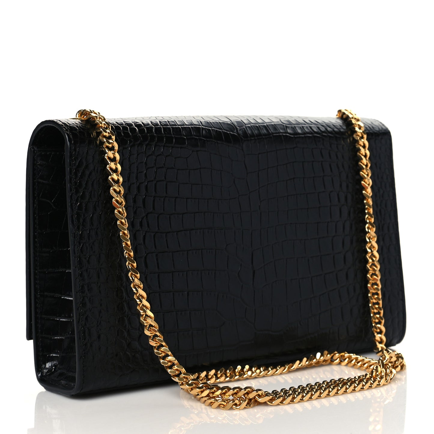 Calfskin Crocodile Embossed Medium Classic Monogram Kate Tassel Satchel Black