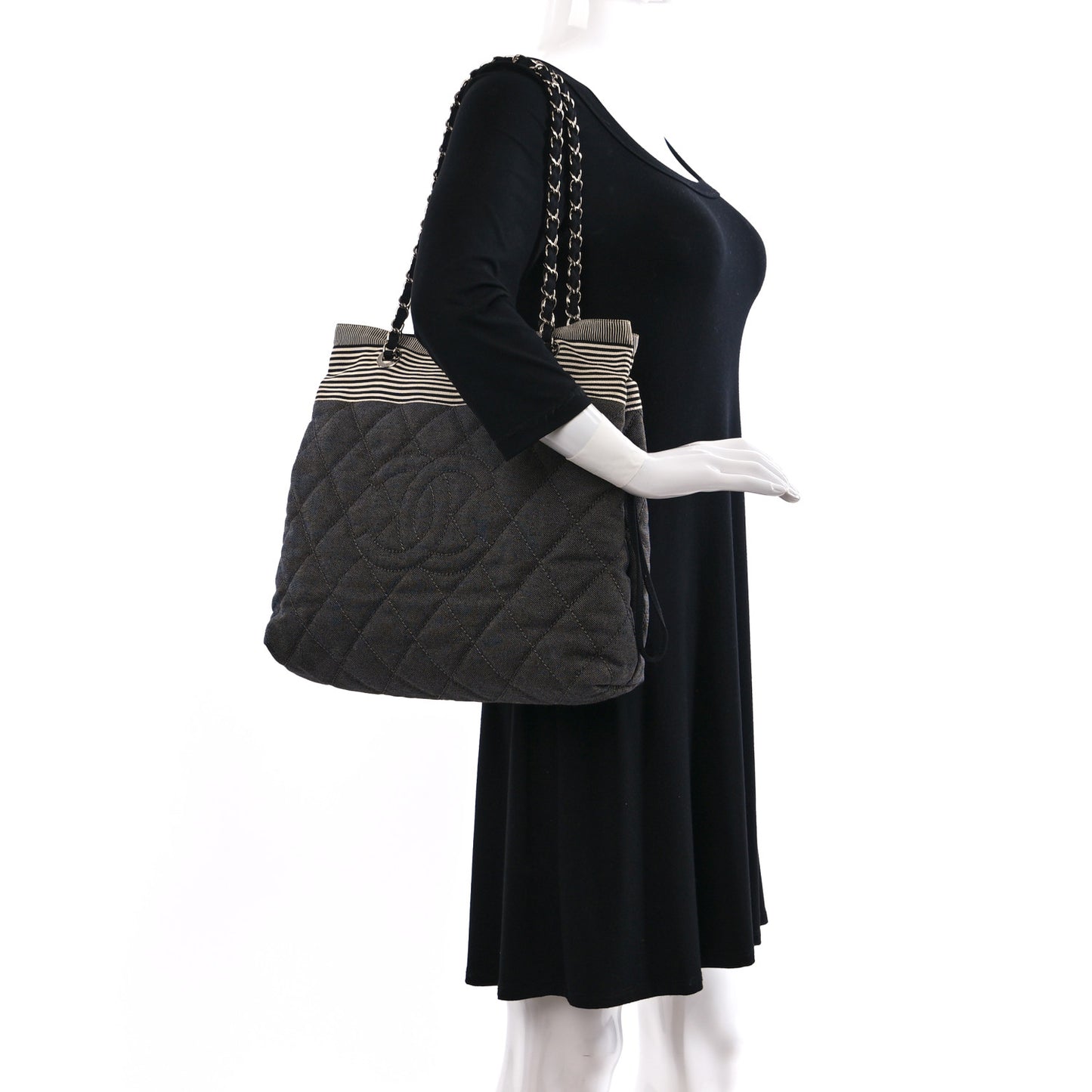 Grosgrain Denim Quilted Drawstring Tote Blue